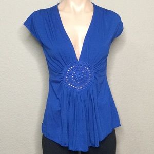 ✨5/$15 Blue Cap Sleeve Top with Crochet Center